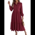 thumbnail image 3 of Vestido Camisero Informal de 3/4 para Mujer, con Botones, Cuello en V, Cuello Escalonado, Holgado y Vino Tinto M, 3 of 9