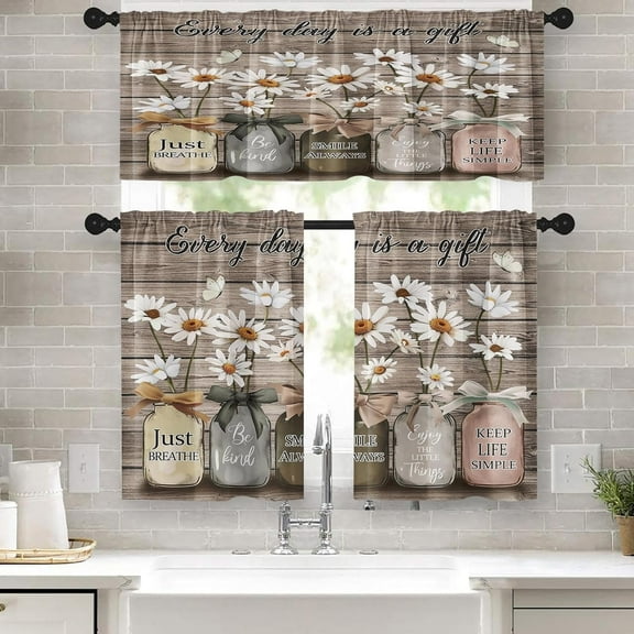 Farmhouse Floral Kitchen Window Curtains Valance and Tier Set 36 Inch, Daisy Rustic Vintage Flower Inspirational 3 Piece Window Treatment Tiers Kitchen Decor Country Wooden Drapes