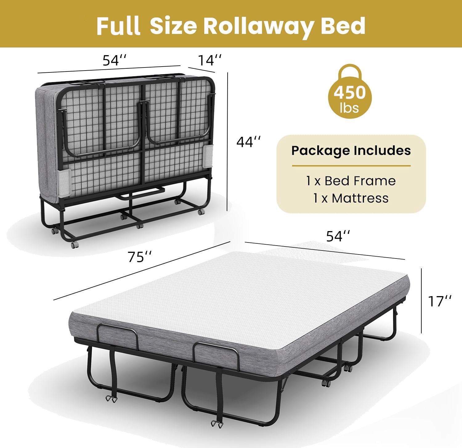 Full Size Folded Bed with Mattress, 75" x 54" Folding Bed for Hospital, Rollaway Bed Guest Bed for Adults with Sturdy Frame