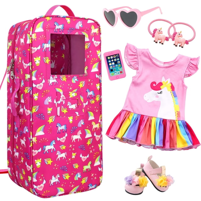 Porta muñecas Ecore Fun Unicorn de 18 pulgadas con accesorios, 7 piezas