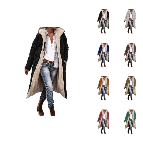 Long Winter Coats for Women Long Sleeve Warm Fleece Lined Zip Up Hooded Jacket with Pockets Parka Outerwear