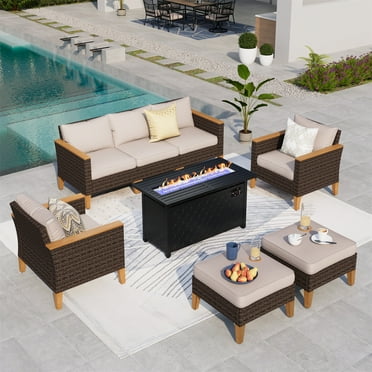 Summit Living 8 Pieces Outdoor Patio Furniture Set with 45-Inch Fire Pit Table Wicker Patio Conversation Set, Beige
