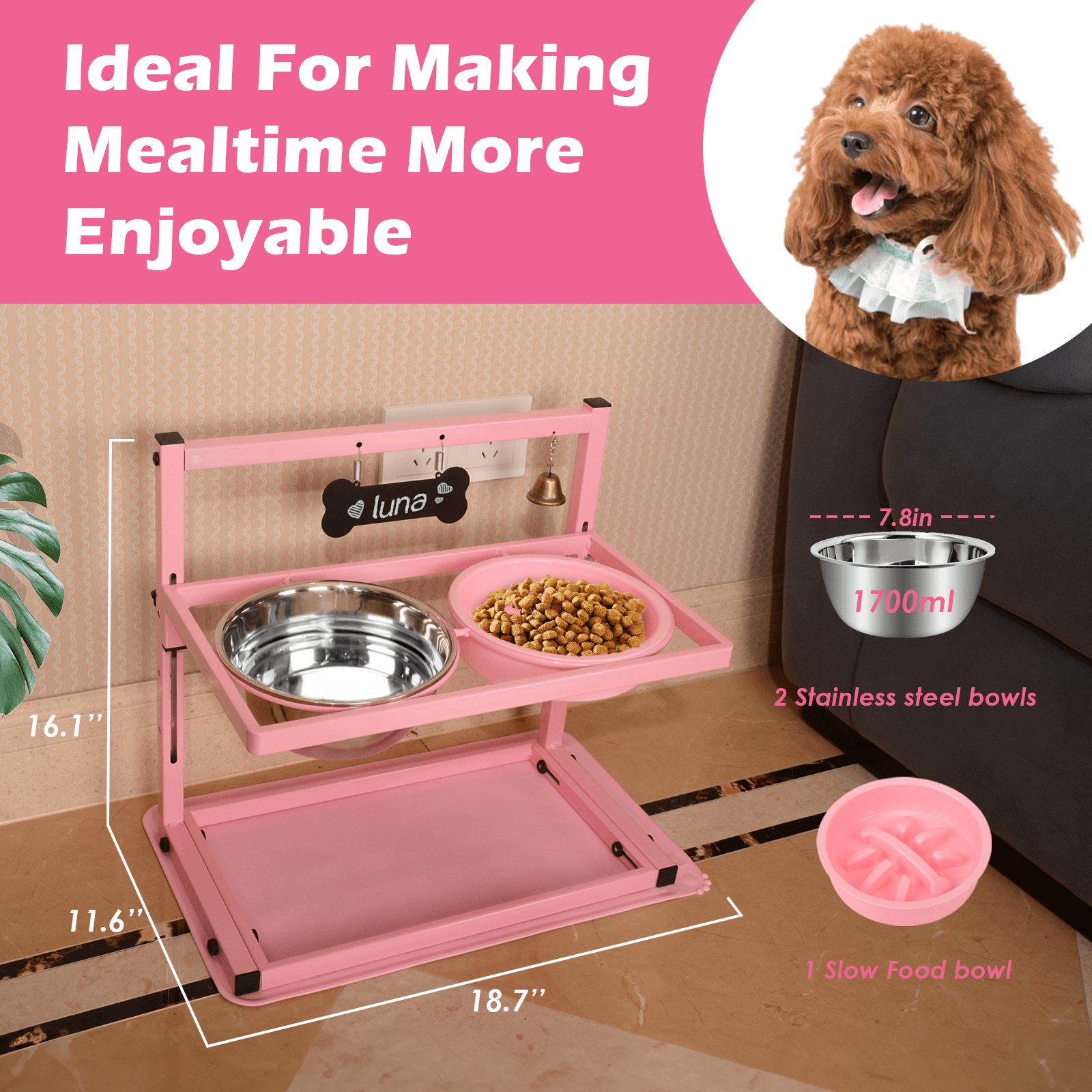 SHAINFUN Adjustable Raised Dog Bowl Stand Pink photo 6