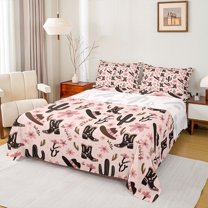 Feelyou Boho Western Boot Full Size Sheets, Cherry Blossoms Bed Sheets, 4 Pieces