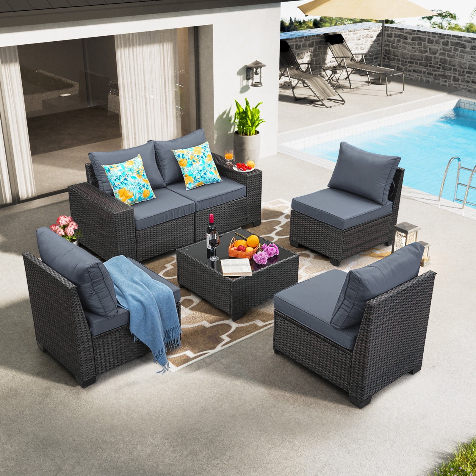 JOYURE 6 Pieces Patio Furniture set All-Weather Outdoor Wicker Sectional Conversation Sofa Rattan patio seating sofa with cushion and Glass Table and Ottoman for Porch Poolside,Grey
