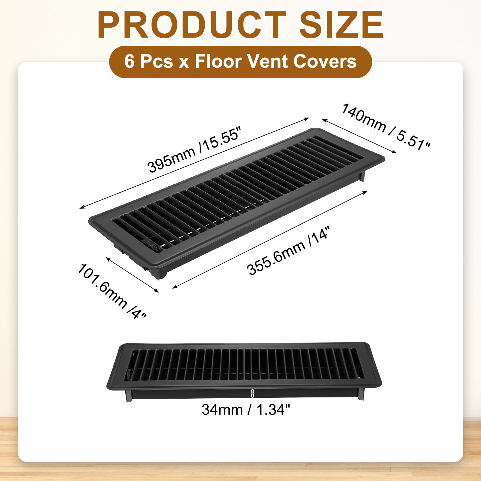 4x14 Inch Floor Vent Covers, Floor Registers Metal Walkable Air Vent Covers Easy Adjustable Air Supply Lever, Black 6 Pcs