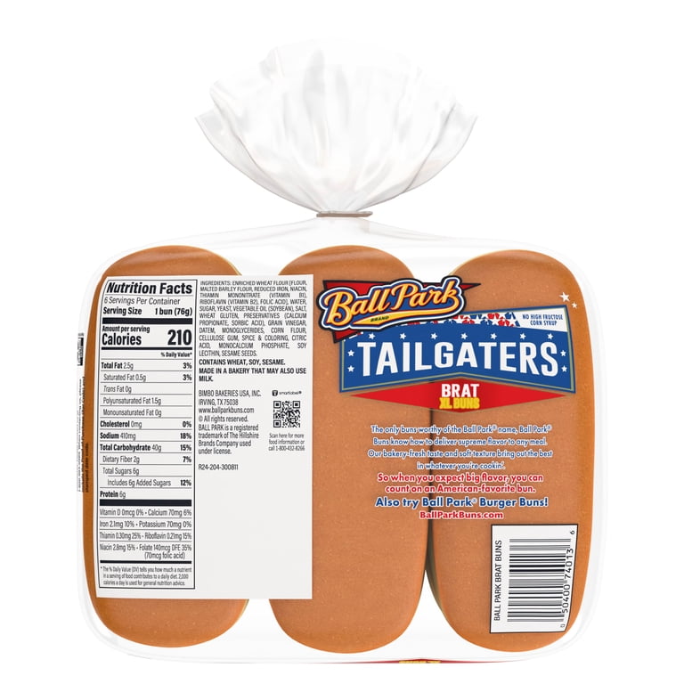 Ball Park Tailgaters Brat XL Buns, 6 count, White Large Hot Dog
