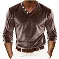 thumbnail image 2 of Dresfit Henley Shirts for Men Velvet V Neck Party Shirt Summer Spring Button Down Long Sleeve Pullover Loose Fit Velour Carnival Mardi Gras Tops Coffee M, 2 of 5