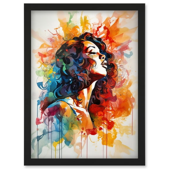 Woman with Synesthesia Listening to Rainbow Colour Music Modern Watercolour Painting Artwork Framed Wall Art Print A4