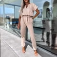 thumbnail image 3 of UYISJ Women's 2 Piece Outfits Deep V Neck Short Sleeve Jumpsuits Long Pant Romper Lounge Jogger Set with Pockets Beige XL, 3 of 4