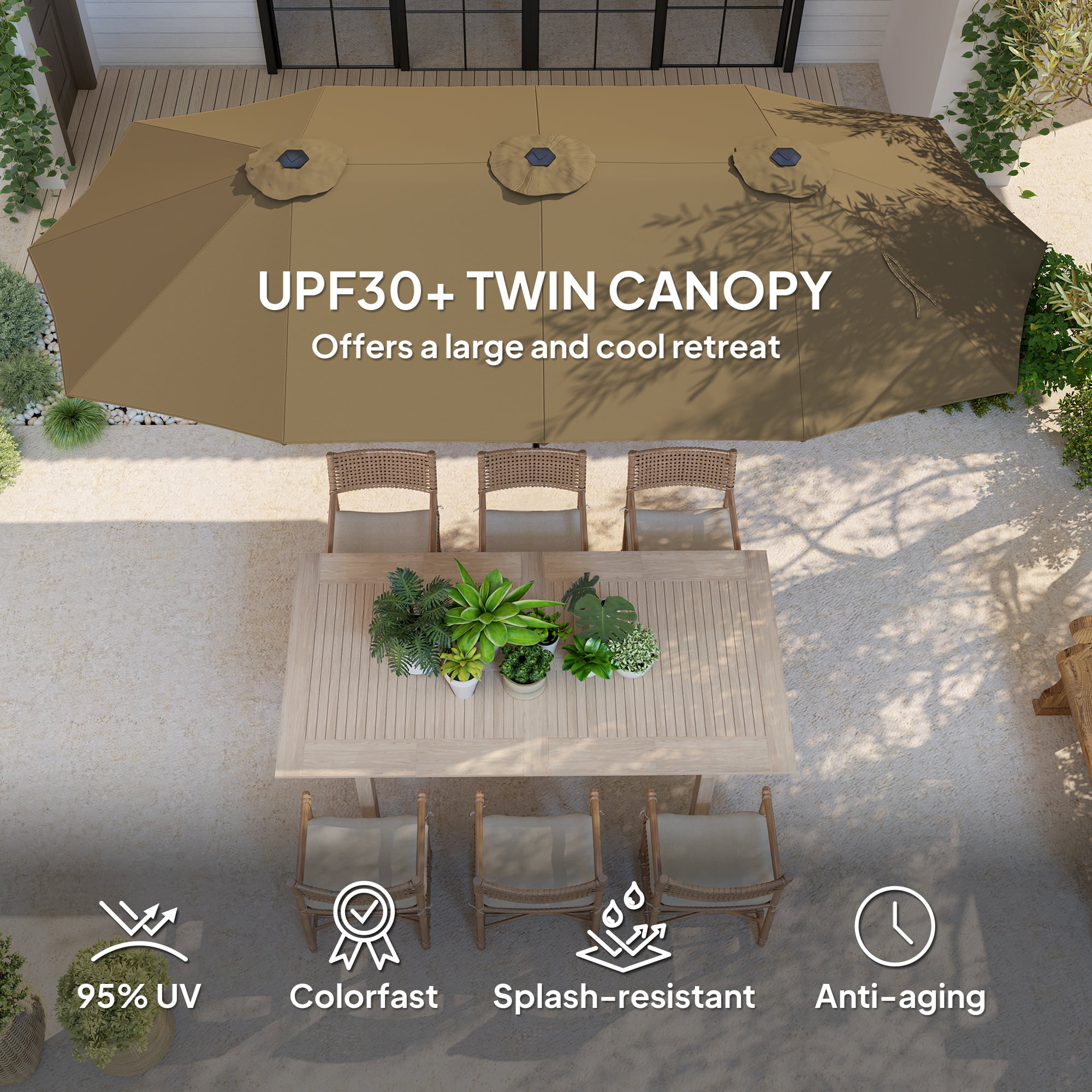 Outsunny 13 ft. Extra Large Patio Umbrella, UPF30+ Double Umbrella Outdoor Patio with Easy Crank Handle, Vents, Coffee