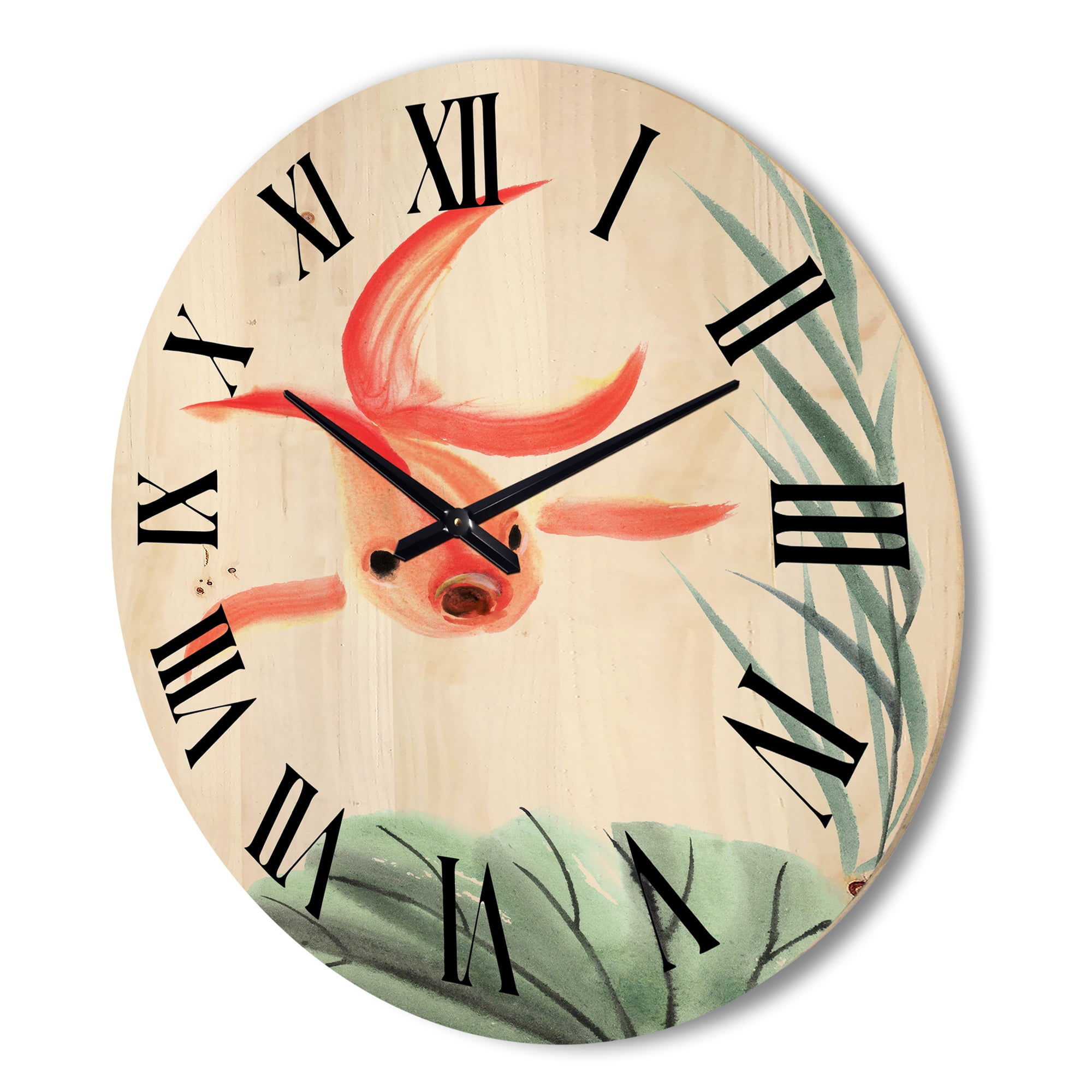 Designart 'Ancient Goldfish and The Lotus Leaf' Nautical & Coastal Wood Wall Clock