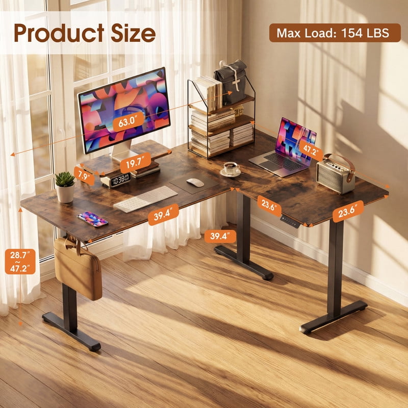 Homall L-Shaped Electric Standing Desk with Monitor Stand, 63 x 48 inch Height Adjustable Sit Stand Corner Desk, Computer Workstation for Home Office, Vintage
