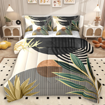 Manfei Beige Black Green Minimalist Twin Bedding Sets 7pcs, Contemporary Geometric Bedding Comforter Set, Leaves Sun Print Sheet Sets, Luxury Bedroom Decor