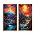 thumbnail image 2 of Designart "Sunset over Japanese Mountains Snowy River Scene I" Landscape Mountains Framed Wall Art Set Of 2 - Traditional Yellow Frame Gallery Set For Office Decor, 2 of 6