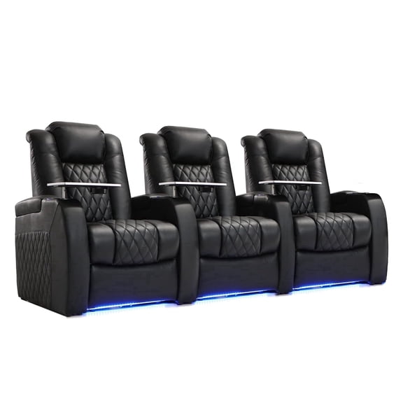 Home Theater Seating Top Grain Leather Recliner Chair Dual Power Movie Gaming Sofa Electric Headrest with Tray Table Type-C USB Charge Cup Holders (Row of 3 , Black)