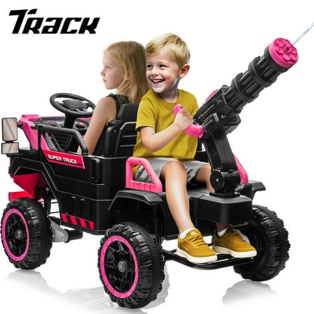 Track Seven 24V Ride on Car, 3-Seater Elecric car with Water Gun, Bluetooth, Remote Control, LED Lights, 2WD/4WD, Off-Road Truck for Boys Girls Age 3+, Pink