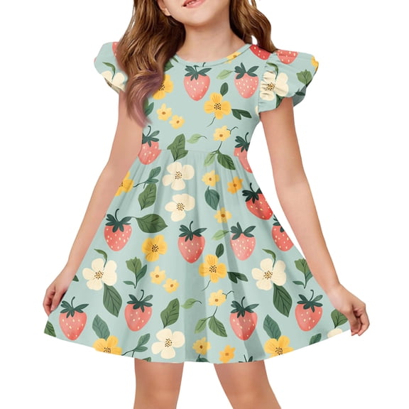 Abcomgle Girl's Summer Casual Dress Casual A-Line Flutter Sleeve Midi Dress Strawberry Print Flare Crew Neck Swing Sundresses for 4-14t Kids,Turquoise