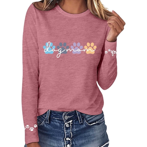 Arlun Dog Mom T-Shirt for Women Trendy Dog Paw Graphic Printed Crewneck Long Sleeve Shirts Puppy Lover Gifts Loose Soft Cozy Tees Tops 2025 Fashion Outfits Pink XL