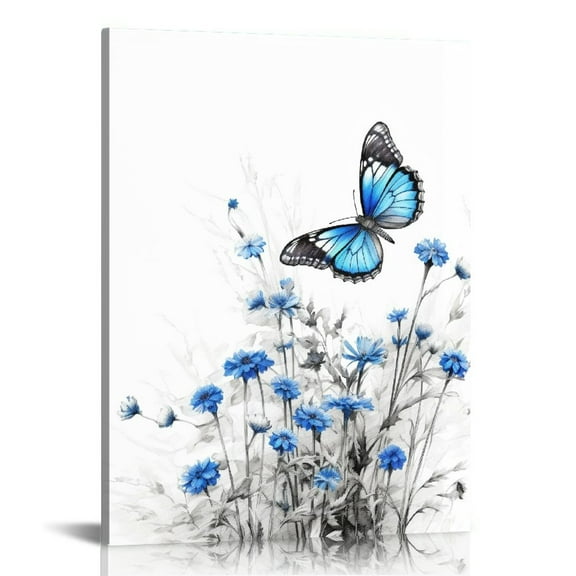 COMIO Canvas Wall Art Navy Flower Painting Art Prints Blue Floral With Butterfly Picture Artwork Modern Bedroom Bathroom Wall Decor Framed Ready to Hang Each Panel