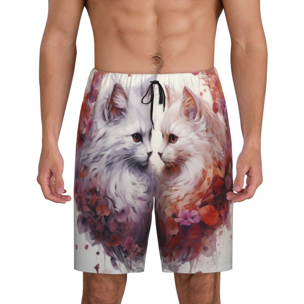 Balery White Red Cat Couple Pantalones cortos de pijama de punto de algodón para hombre con cinturilla y bolsillos-Small