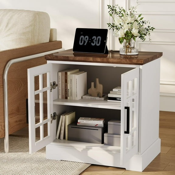KOKEBREN 24"L Nightstand with Charging Station, Wood Bed Side Table Square End Table with Glass Doors and Adjustable Shelf for Living Room Bedroom,White