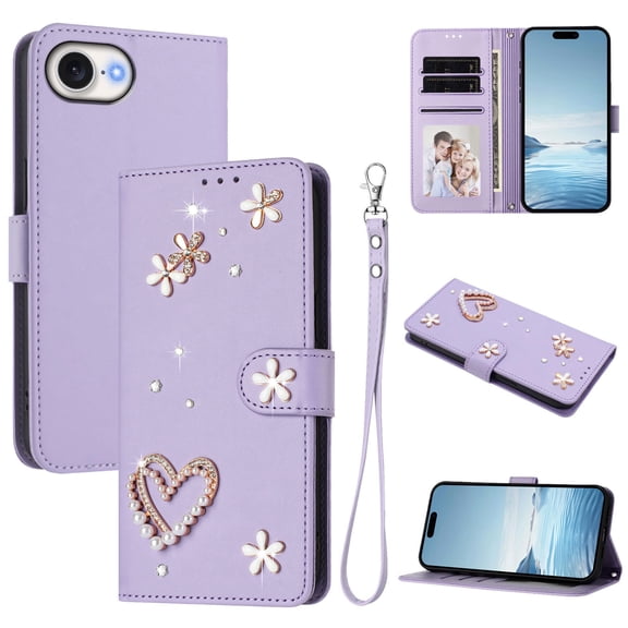 Decase for iPhone 16e/17e Shockproof Phone Case,Rhinestone Heart Flower Pearl PU Leather Card Holder Wallet Cover,Folio Flip Magnetic Closure Card Slots Cover,Purple