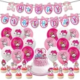 thumbnail image 1 of Lindo juego de vajilla para fiesta de cumpleaños con melodía de Sanrio, pancarta para tarta, adorno desechable, bandera colgante, globos con melodía, decoración de cumpleaños, 1 of 6