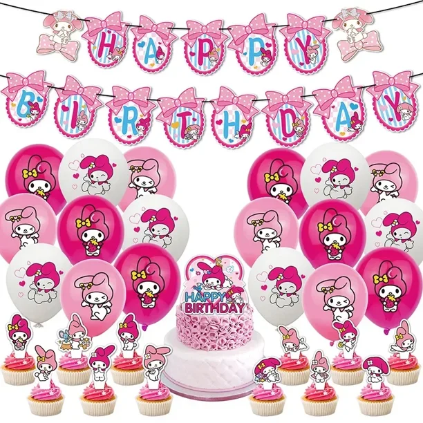 Lindo juego de vajilla para fiesta de cumpleaños con melodía de Sanrio, pancarta para tarta, adorno desechable, bandera colgante, globos con melodía, decoración de cumpleaños