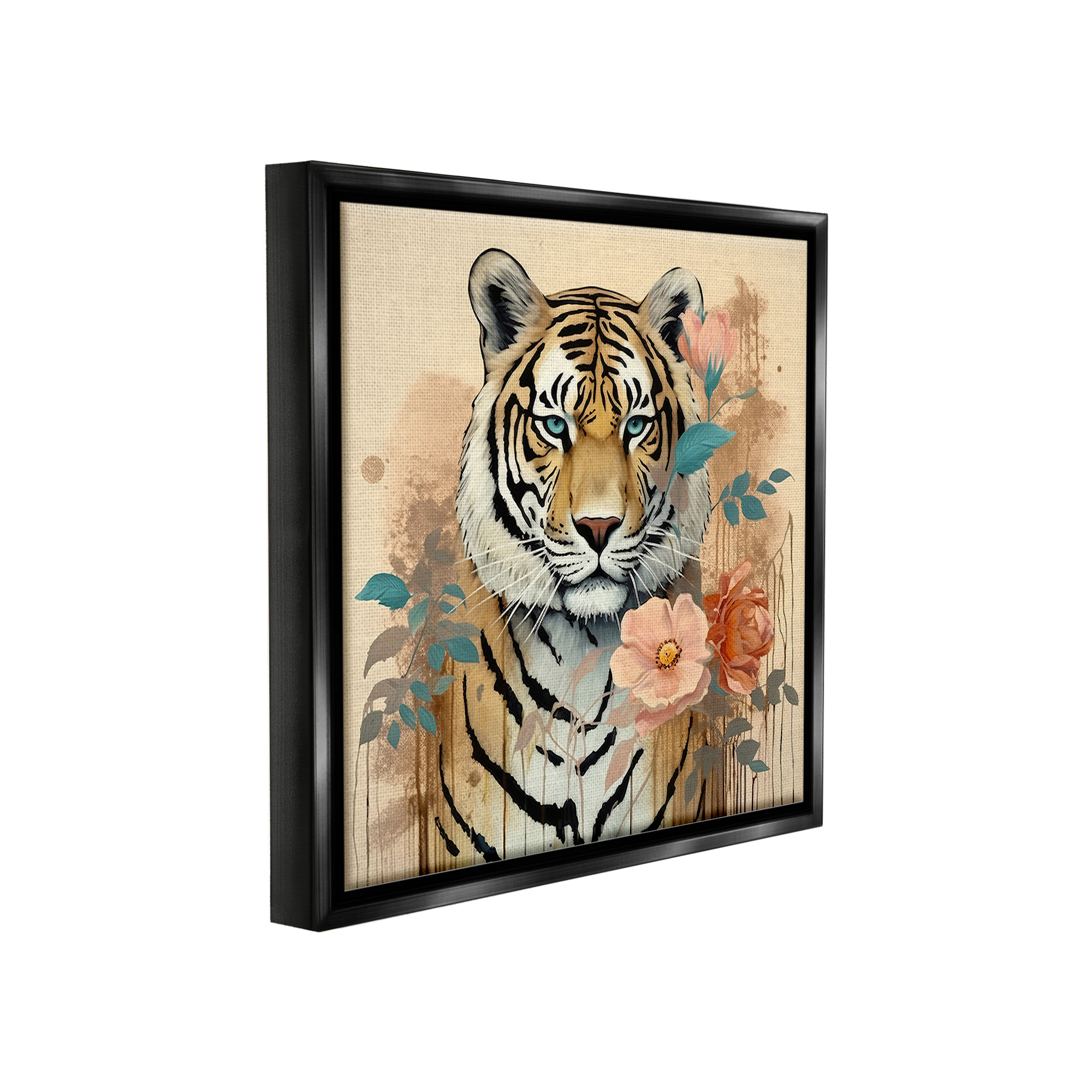 Stupell Industries Modern Floral Tiger Animals & Insects Painting Black Floater Framed Canvas Art Print Wall Art, 25 x 25