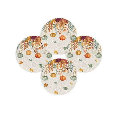 Fall Round Placemats Set of 4 Orange Pumpkin Place Mats Thanksgiving Woven Placemat Green Autumn Maple Leaves Linen Circle Braided Table Mat for Kitchen Dining Table Autumn Party Home Decor 15 Inch