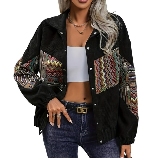 Hvobtty Cardigan Décontracté à Manches Longues pour Femmes, Style Ethnique Patchwork à Capuche avec Boutons