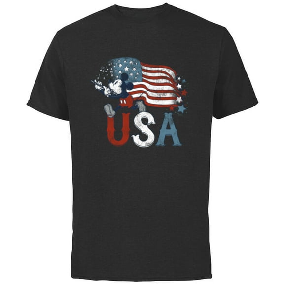 Disney Mickey Mouse with Flute America USA Flag 4th of July - Short Sleeve Cotton T-Shirt for Adults - Customized-Black