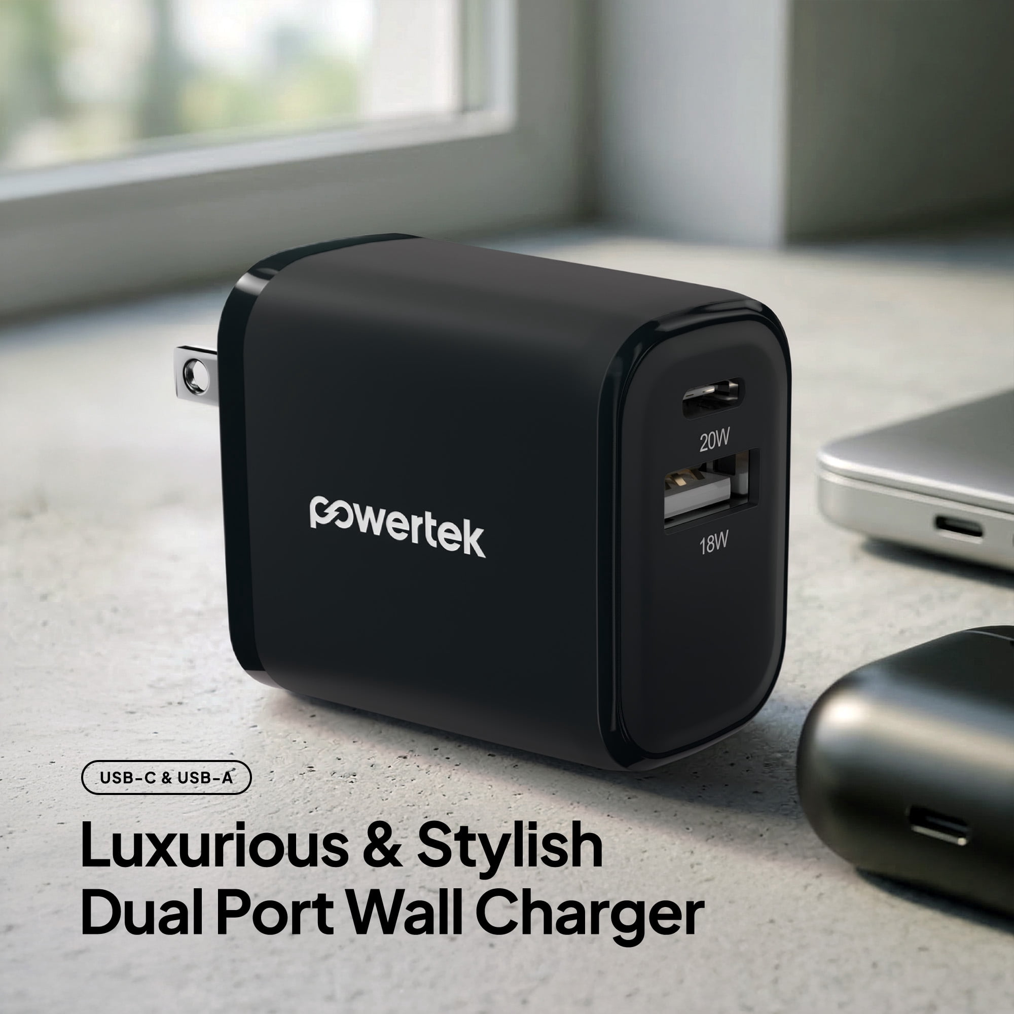 Powertek 20W USB-C + USB-A Wall Charger, Fast Charging Power Delivery Cube, Dual Port Compact Charger, Black