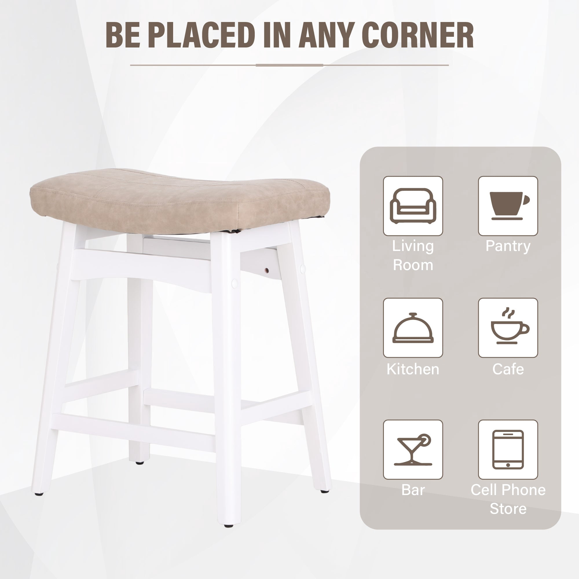 Summit Living 24 inch Counter Height Wood Bar Stools Set of 2 for Kitchen Saddle Backless Faux Leather Stools Chairs, White
