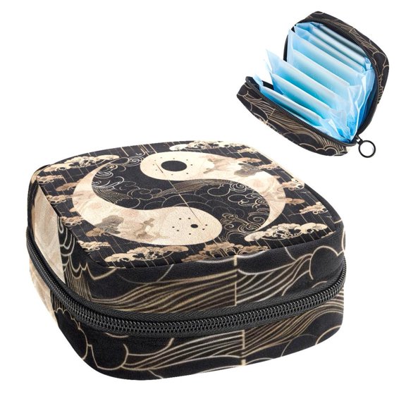 Sanitary Napkin Storage Bag for Girls Women, Portable First Period Pads Bag Tampons Holder Girls Travel Makeup Bag, Large Capacity Retro Yin Yang Aesthetic Pattern