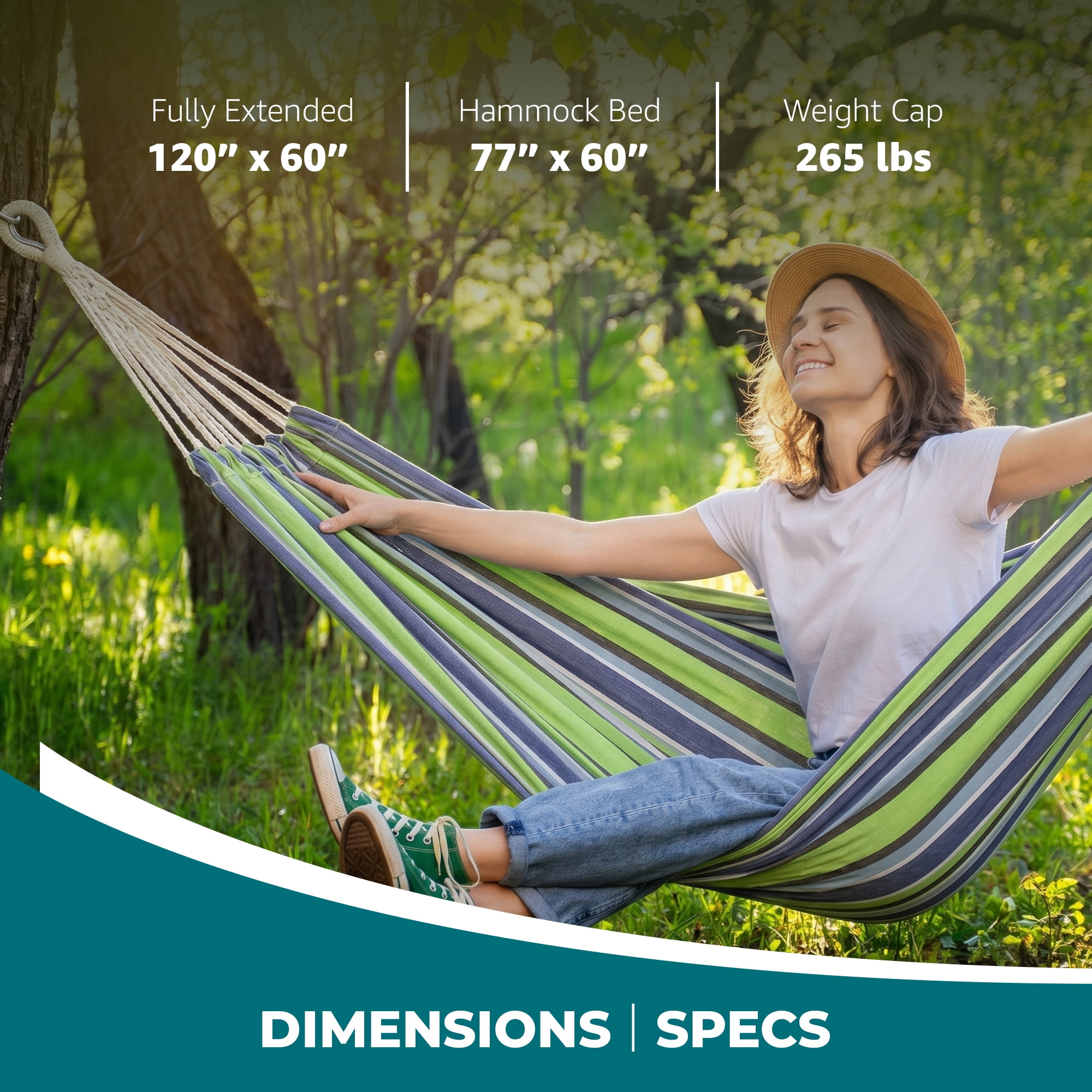 Bliss Hammocks 60"W Double Hammock with Rope Loops & Tree Straps, 265 lb, Blue Honu Strip
