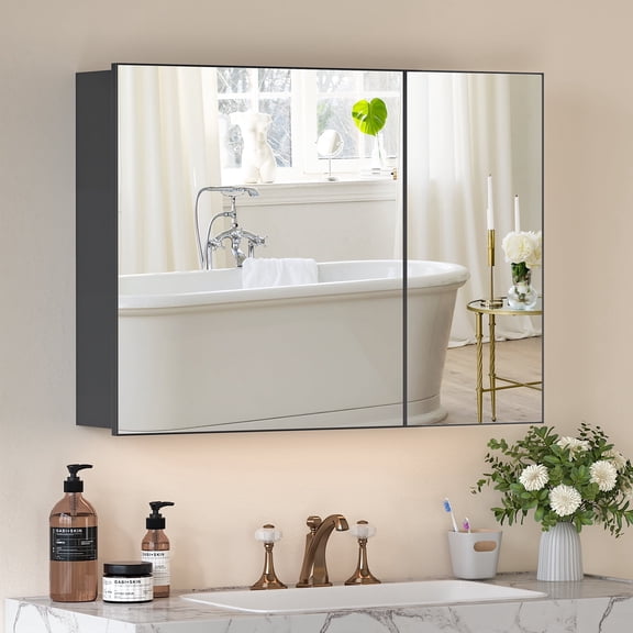 Caulitar Bathroom Medicine Cabinet with Mirror, 32"x24" Double Door Cabinet with Storage Shelves, Wall Mounted