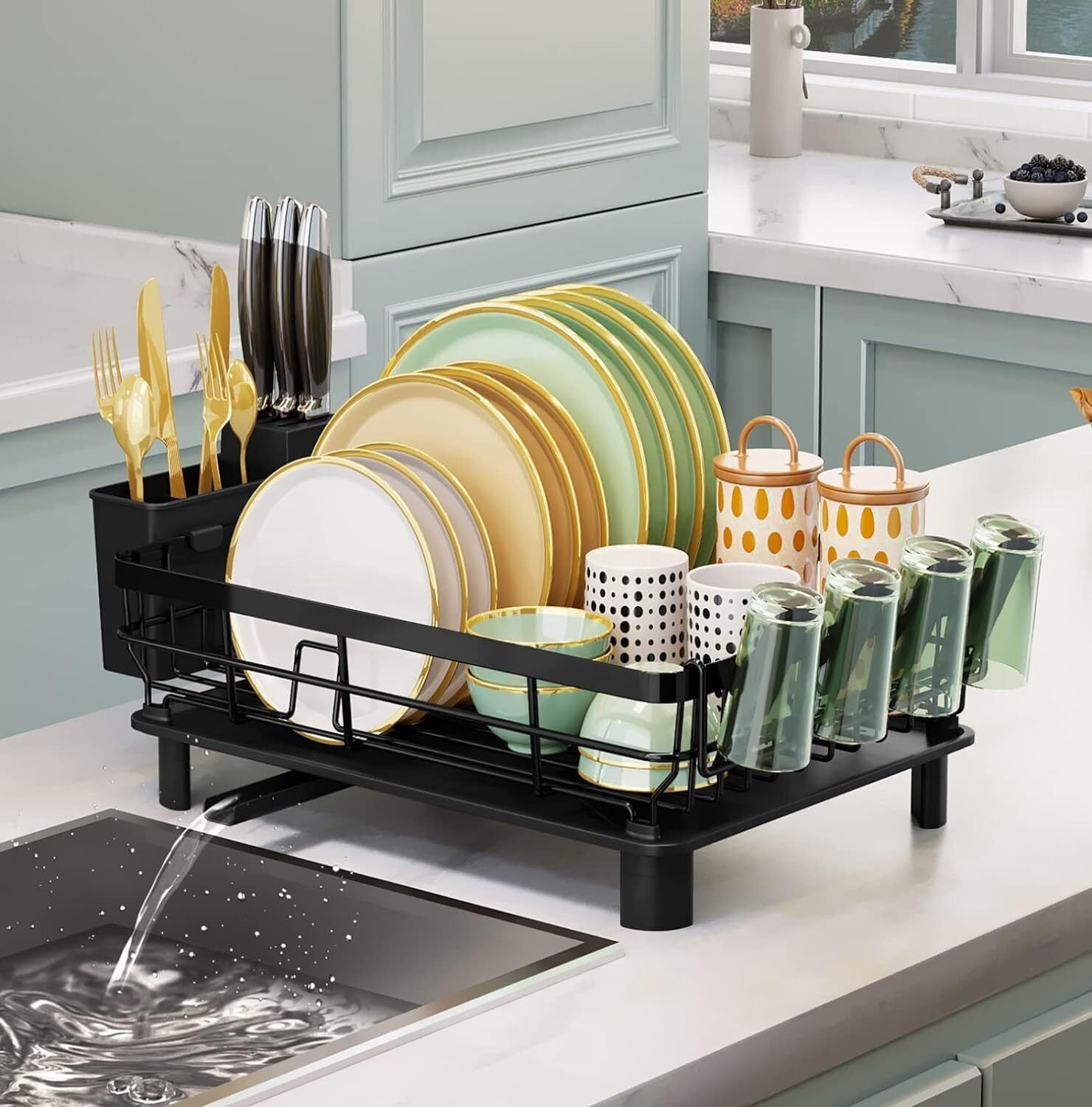 RUseeN Dish Drying Rack, Dish Dryer Rack, Counter Sink Adjustable Spout Dish Strainers Utensil Holder Cup Holder with Drainboard Dish Drainers for Kitchen Organization Decor