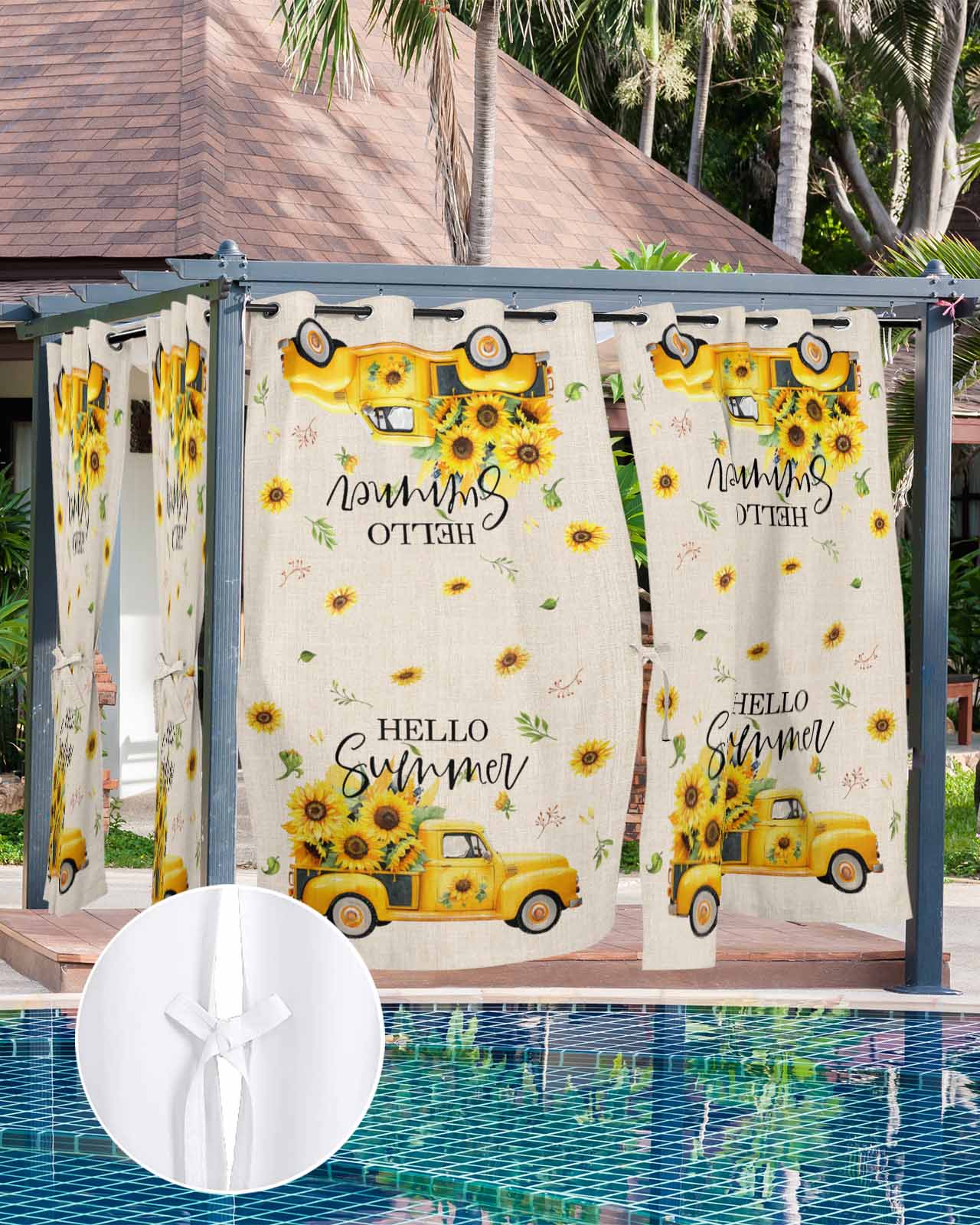 Outdoor Curtains for Patio, Summer Sunflower Waterproof Blackout Outside Curtain for Porch/Pergola/Gazebo, Yellow Truck Botanical Rustic Thermal Insulated Drapes for Cabana, 2 Panels, 54 x 95 Inch