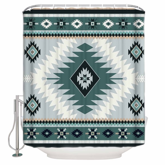 Teal Gray Boho Bathroom Shower Curtains with 12 Hooks Polyester Waterproof Shower Curtain for Stalls and Bathtubs Southwestern Ethnic Abstract Geometric Decorative Bathroom Curtain 36x78 Inches