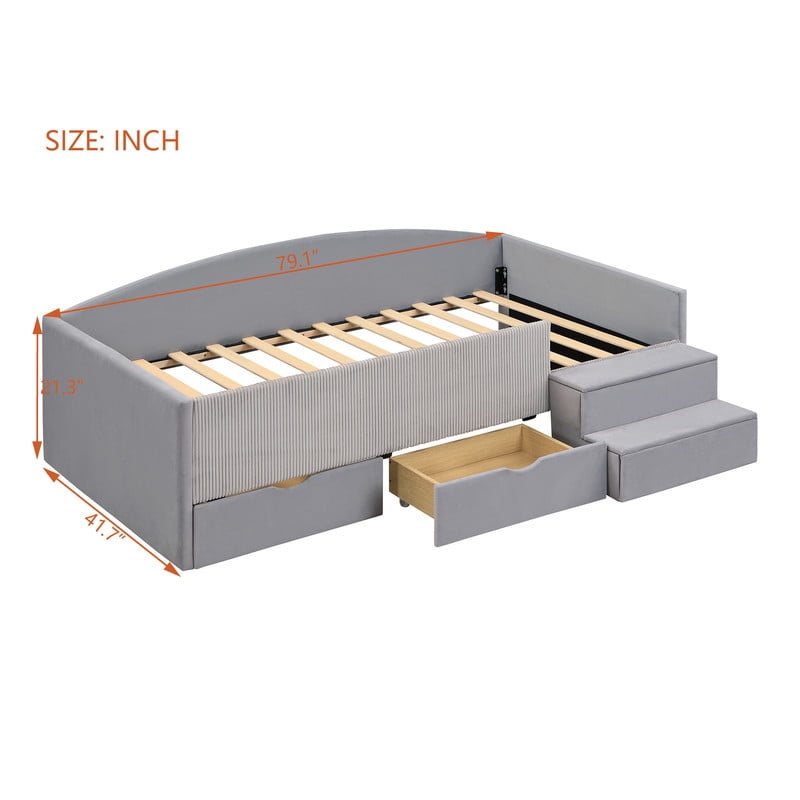 Twin Size Kids Daybed Frame with Small Stair & 2 Storage Drawers, Velvet+Corduroy Dual Upholstered Accent Platform Bed