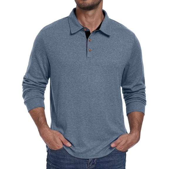 JWD Mens Long Sleeve Polo Shirt Classic Collared Button Pullover Casual Regular Fit Soft Lightweight Knit Top Blue L