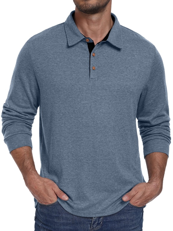Mens Long Sleeve Polo Shirt Classic Collared Button Pullover Casual Regular Fit Soft Lightweight Knit Top Blue L