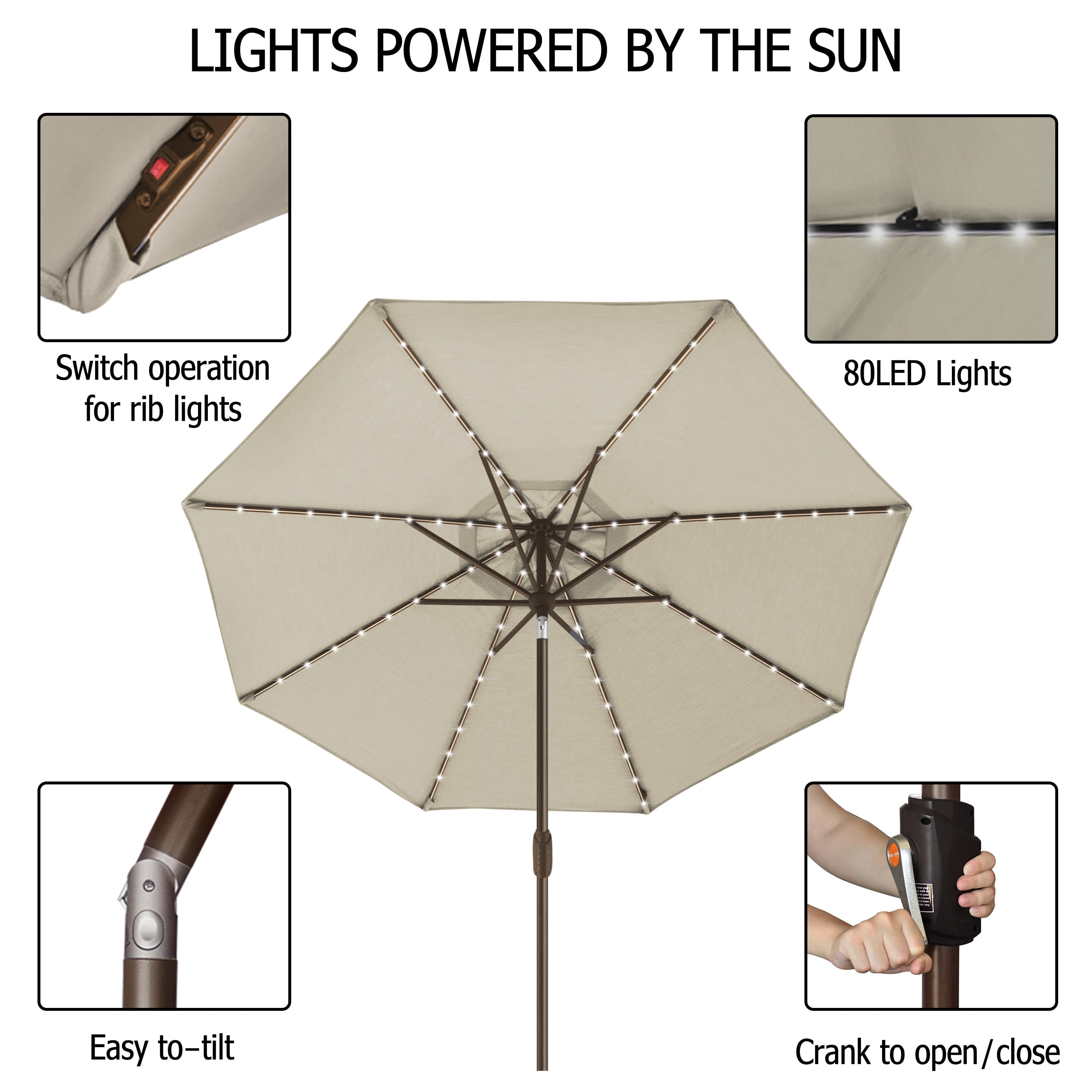 EliteShade Sunbrella Solar Umbrellas 9ft Market Umbrella with 80 LED Lights Patio Umbrellas Outdoor Table Umbrella with Ventilation and 5 Years Non-Fading Top,Beige