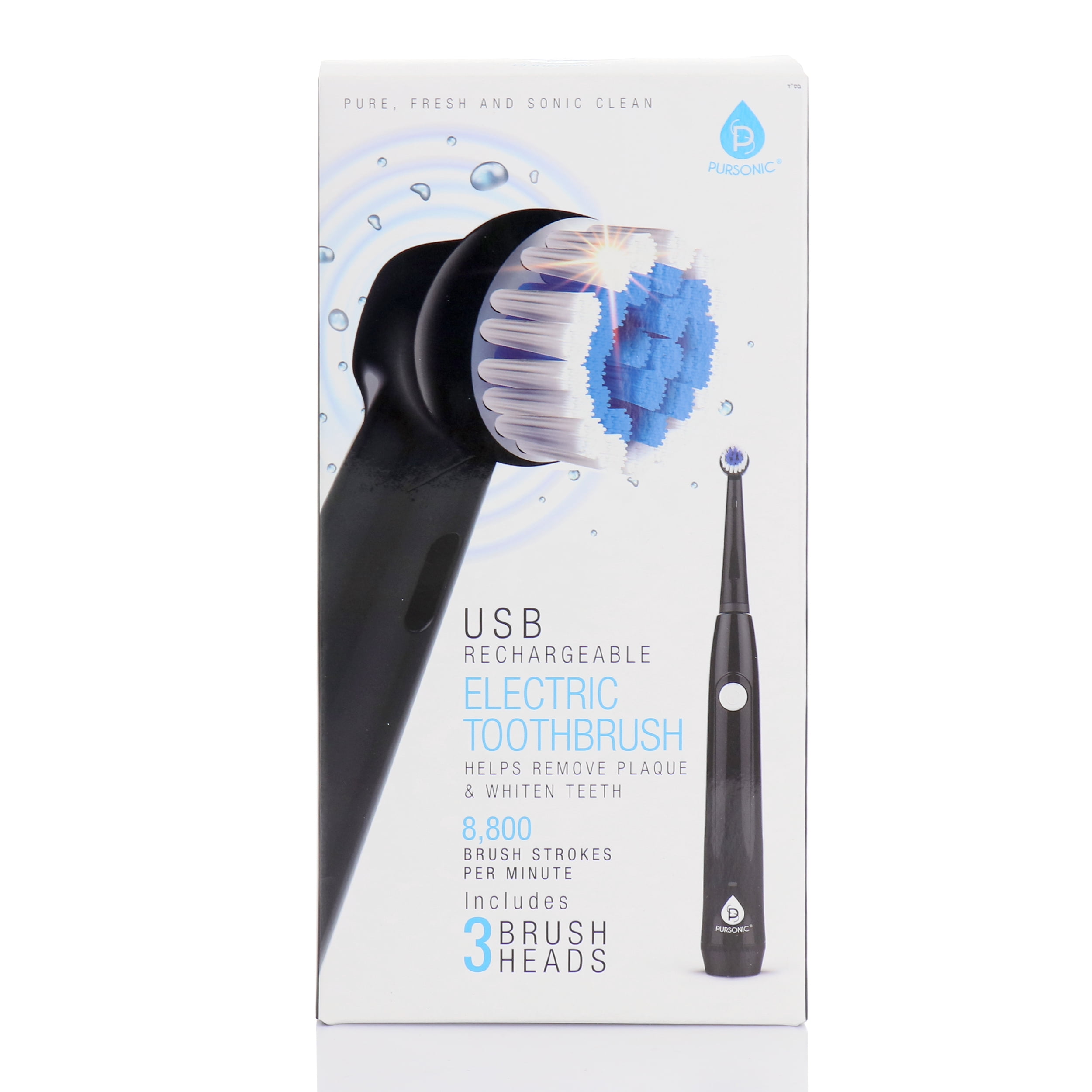 Pursonic RET20USB Rechargeable Electric Toothbrush in Black with 3 Brush Heads