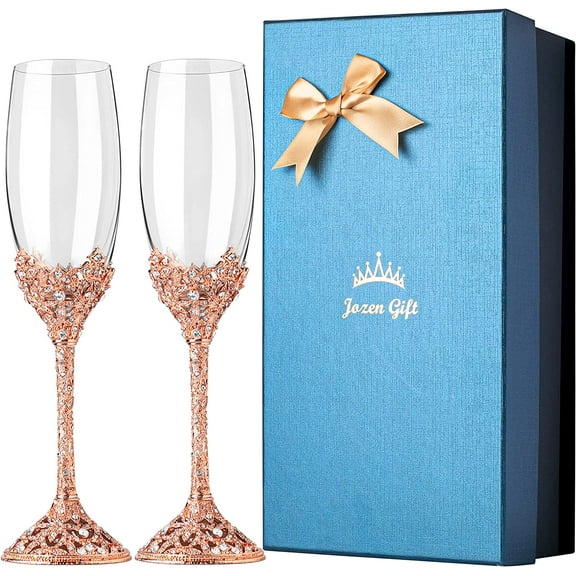 Champagne Flutes - Crystal Glass Metal Base With Crystal Stones, Set of 2 Toasting Flute Pair, Wedding Anniversary Party Birthday Banquets and Gifts for Bride and Groom7oz