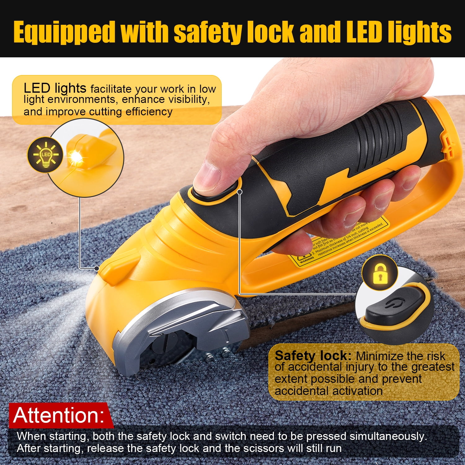 HORMY Cordless Electric Scissors with Blade, 3.6V Super Scissors Rechargeable with Safety Lock, for Cardboard Cutting Fabric Paper Sewing, Yellow
