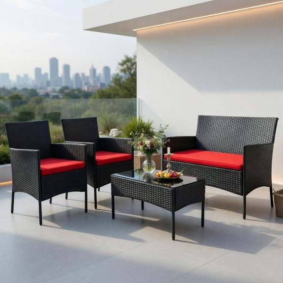 Resenkos 4-Piece Outdoor Rattan Sofa Set with Tempered Glass Coffee Table – Red, All-Weather PE Wicker Patio Furniture for Backyard, Poolside & Balcony