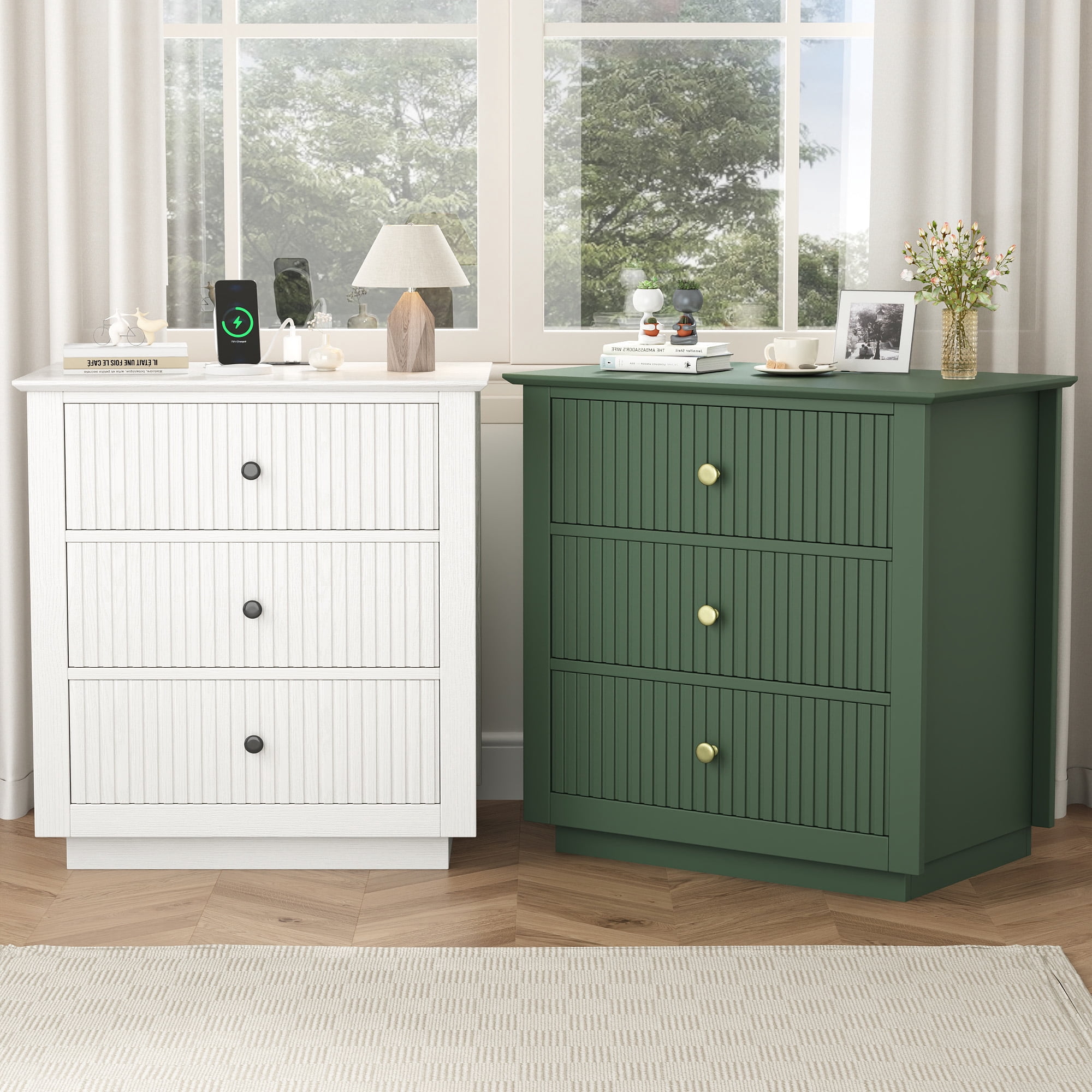 Modern Nightstand with Charging Station & 3 Drawers, 24 Inch Wide Bedside Table Set of 2 for Bedroom and Living Room, Large Storage End Table with Fluted Design, White